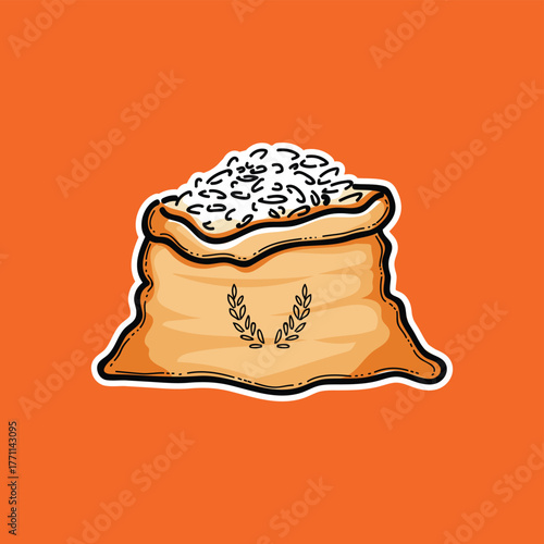 Sack Of Rice With Laurel Emblem On Bright Orange Background For Harvest, Food, Agriculture, And Branding