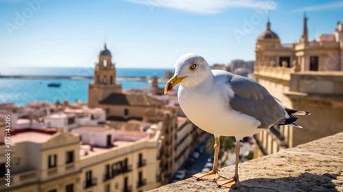 Seagull in focus overlooking city skyline