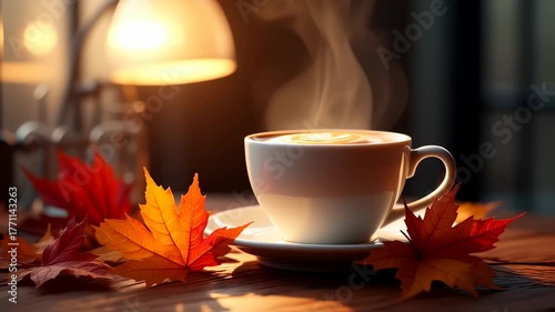 Autumn coffee delight: steaming cup surrounded by vibrant fall leaves and warm light