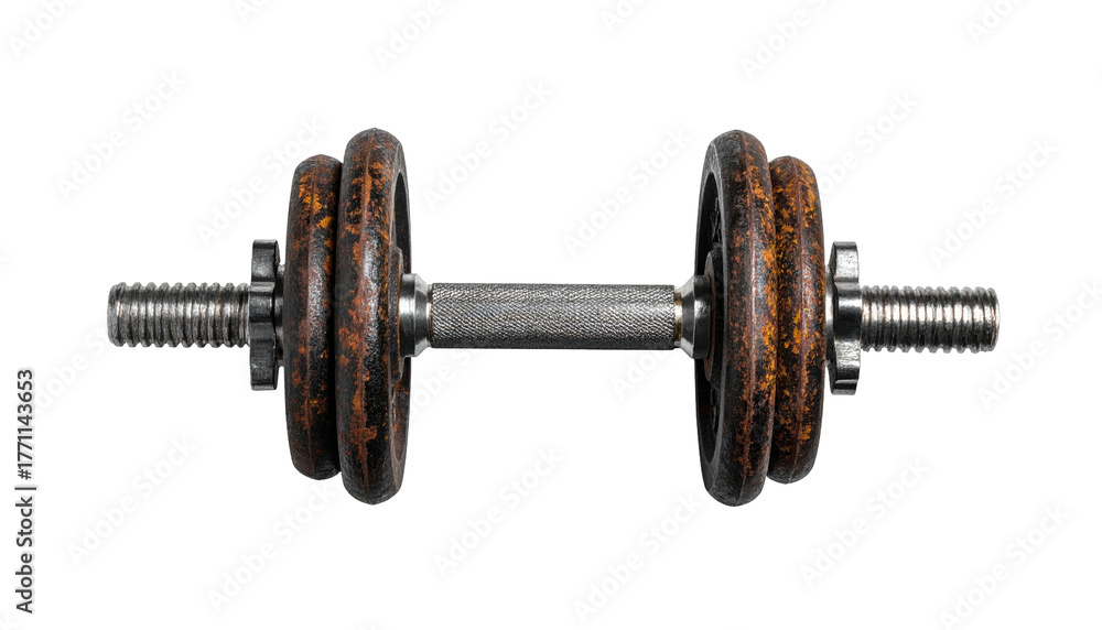 Fototapeta premium Rusty dumbbell with threaded bar against black background