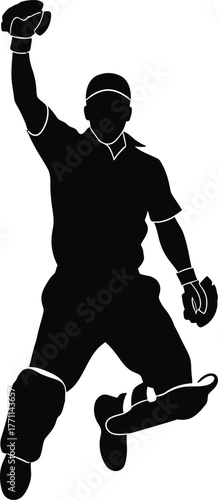 Silhouette of a baseball catcher making a dramatic jump catch