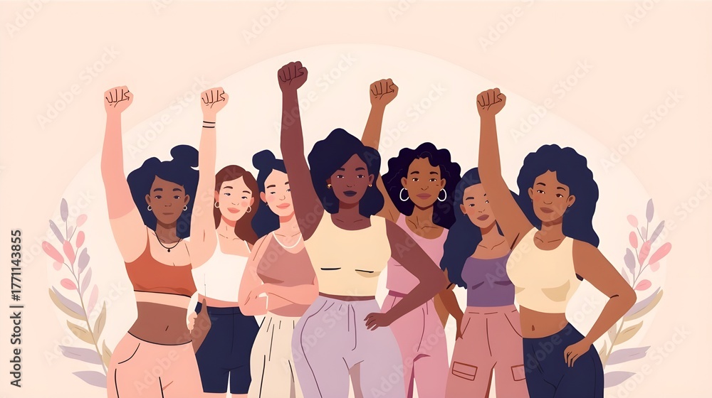 Obraz premium International Women's Day celebration illustration Diverse group of confident women standing in unity with raised fists symbolizing empowerment and equality promoting accelerate actionin vibrant flat