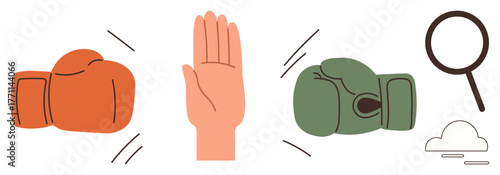 Two boxing gloves, outstretched hand as a stop gesture, magnifying glass, and cloud shapes convey conflict resolution, communication, negotiation, analysis. Ideal for teamwork, attention fairness