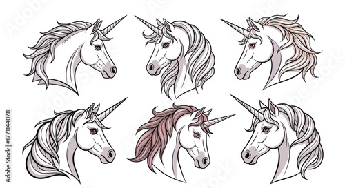 Detailed illustrations of magical unicorn heads with flowing manes, featuring various poses and mane colors, set against a clean white background.