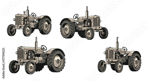 Multiple vintage farm tractor illustrations in various poses, showcasing classic agricultural machinery designs.