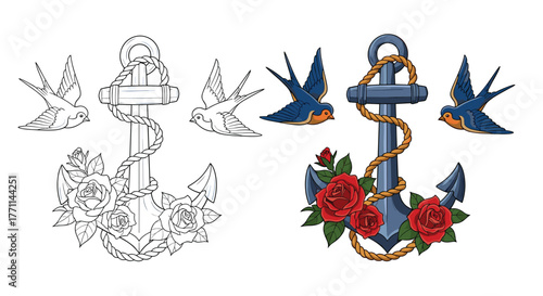 Traditional tattoo style illustration featuring a naval anchor with a rope, flying swallows, and blooming red roses, in outline and colored versions.