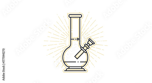A sleek line art illustration of a classic glass bong or water pipe for smoking cannabis, highlighted by radiating golden lines.