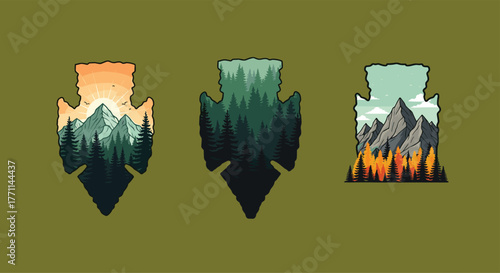 Diverse arrowhead designs capturing serene natural landscapes, including majestic mountains, dense pine forests, and a vibrant sunrise or autumn scene.