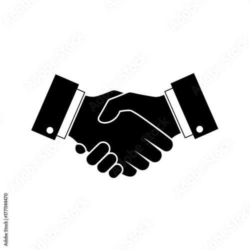 A close-up black and white illustration of a handshake, symbolizing partnership and agreement in business contexts