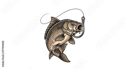 A stylized illustration of a common carp fish caught on a fishing hook, dynamically jumping from the water with its mouth open in a struggle.