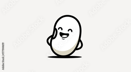 Cheerful cartoon bean character with arms, legs, and a big grin. Simple design on white