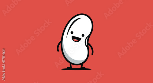 Cheerful cartoon bean character with arms, legs, and a wide grin, set against a red background