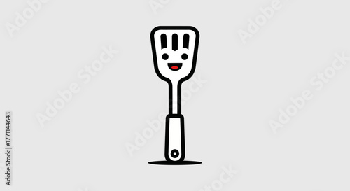 A smiling spatula illustration on a neutral background, stylized with black outline