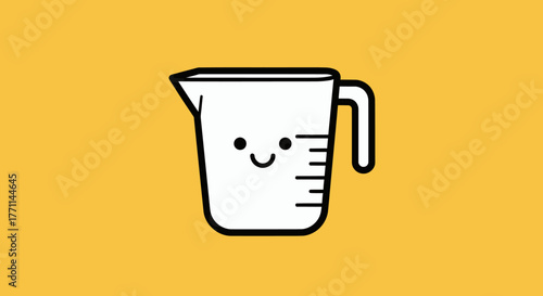 A friendly cartoon measuring cup with a smile on a yellow background