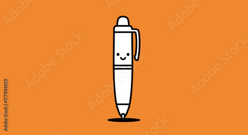 A smiling, cartoonish pen drawn in black and white against a vibrant orange background