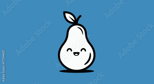 A smiling, cartoon pear with a small leaf against a blue backdrop