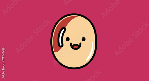 A cheerful cartoon character, a bean-shaped object, smiles against a pink background