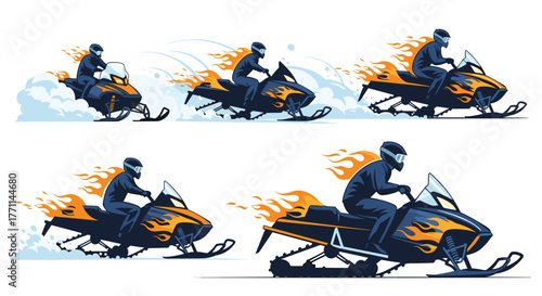 Dynamic illustration of snowmobilers racing at high speed across snowy terrain with fiery trails, emphasizing action and winter adventure.