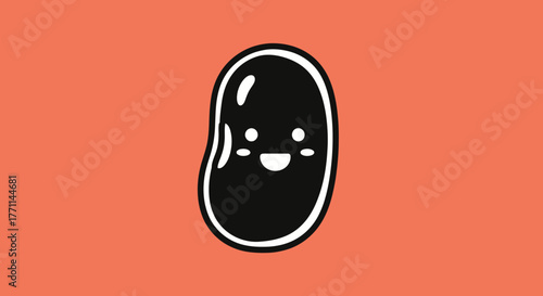 A smiling, cartoon bean with a black outline and face on a coral background