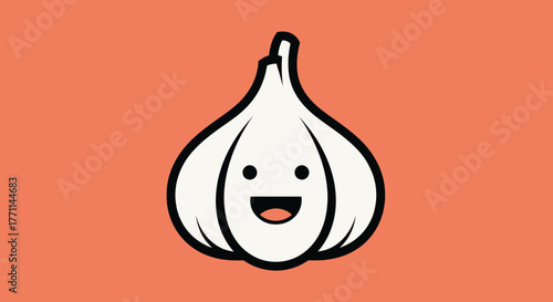 A cartoon garlic bulb with a smiling face on an orange background