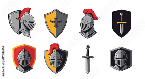 A detailed set of vector illustrations showcasing medieval knight armaments and heraldry, featuring helmets, shields, and a sword.