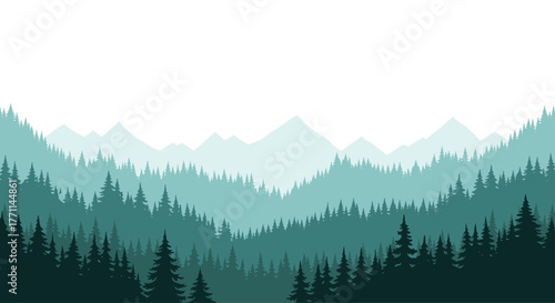 Scenic layered mountain and forest landscape with dense pine tree silhouettes in varying shades of green, receding into a clear, vast horizon.