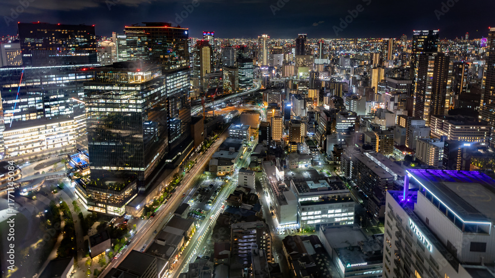 Naklejka premium Beautiful night panorama from Osaka tower Japan on september 29th 2025