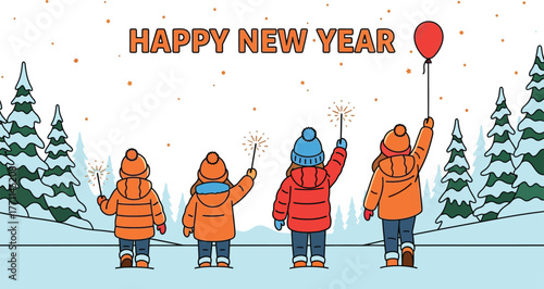 Children celebrate New Year's Eve with sparklers in snowy woods.