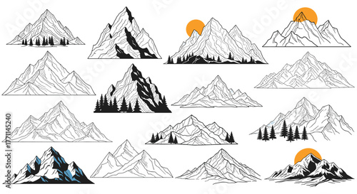 A diverse collection of hand-drawn mountain illustrations, featuring various peaks, valleys, and forest elements, some with a rising or setting sun.