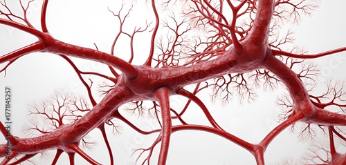 Detailed, close-up 3D rendering shows complex network of branching red vessels on white.