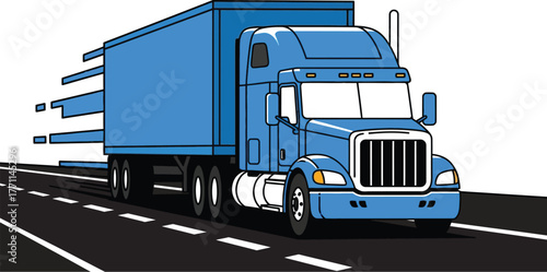 Blue semi truck delivering goods fast transportation services