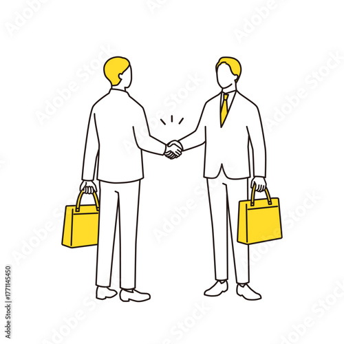 ビジネスバッグを持って握手をする男性の線画イラスト