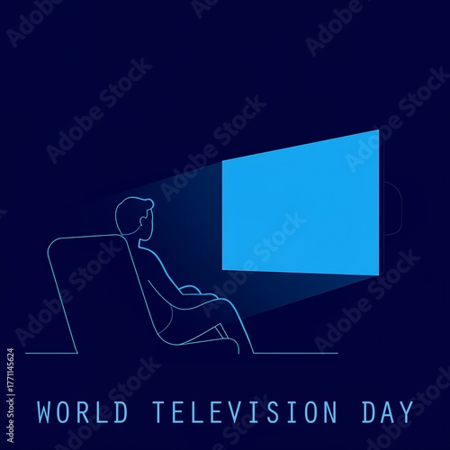 2d Flat image of A Man Sitting In Front Of A Blue Screen Flat TV, World Television Day Text At Bottom