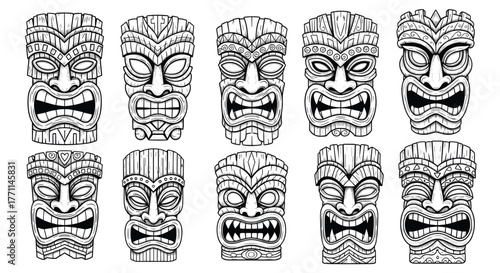 Hand drawn set of ten traditional Polynesian and Hawaiian black and white Tiki mask illustrations, vector art designs.