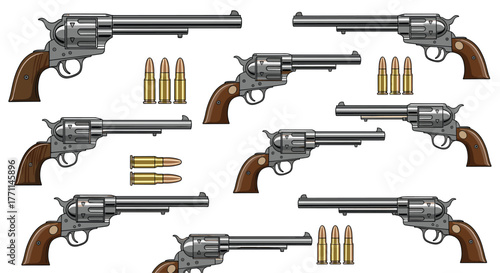 A collection of classic Old West style single-action revolvers with various barrel lengths and ammunition, presented in a pixel art illustration.