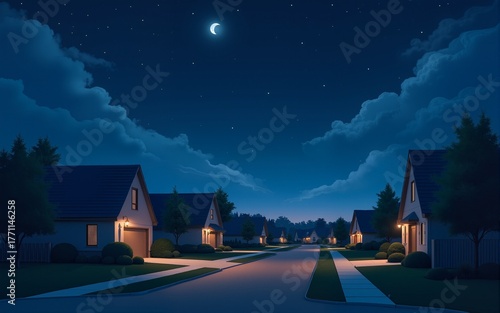 Realistic image of a quiet suburban neighborhood at night, with houses darkened as families sleep and the stars shining brightly above, symbolizing the restfulness of sleep at night. High quality