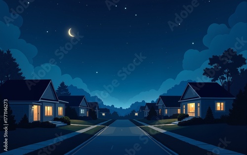 Realistic image of a quiet suburban neighborhood at night, with houses darkened as families sleep and the stars shining brightly above, symbolizing the restfulness of sleep at night. High quality