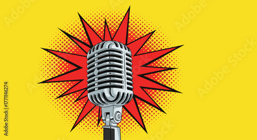 A vintage silver microphone is depicted in a bold pop art illustration, placed on a bright yellow background with a red comic starburst.