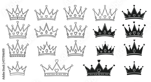 A collection of hand-drawn doodle crowns in various styles, perfect for royal and princess-themed designs.