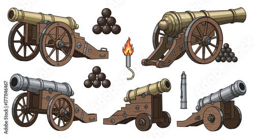 A collection of vintage cannons, featuring different perspectives and metallic finishes, accompanied by cannonballs and a lit fuse, isolated on white.