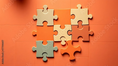 Abstract business strategy concept featuring interlocking puzzle pieces in warm tones.