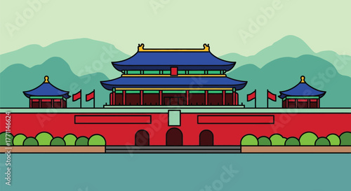 Cartoon forbidden city illustration beijing china travel landmark art