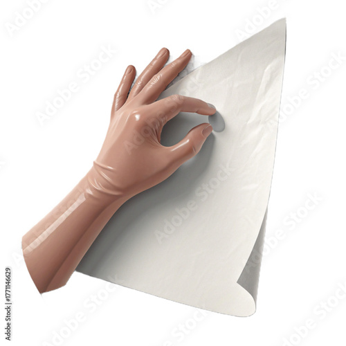 Delicate hand in a protective glove pinning a blank sheet, perfect for showcasing your message or design in a clean and modern way.