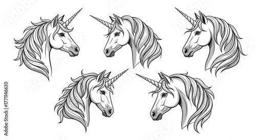 Graceful monochrome unicorn heads with flowing manes and twisted horns, a mystical collection for fantasy designs.
