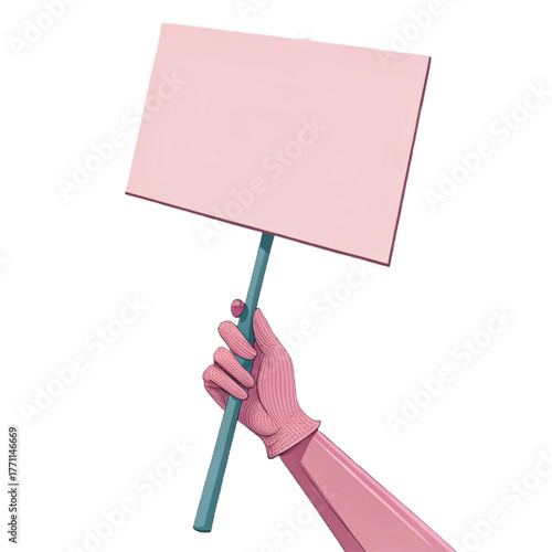 Empowered hand in glove holds a blank sign aloft for any message, ready for activism, announcements, or a bold statement, perfect for social media!