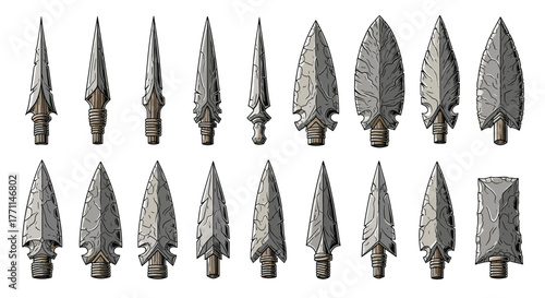 A diverse collection of stylized ancient stone arrowheads and spear points, showcasing various designs and hafting styles from prehistoric times.