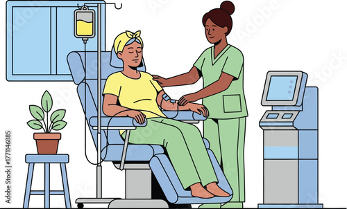 Illustration of patient receiving iv therapy with nurse assistance