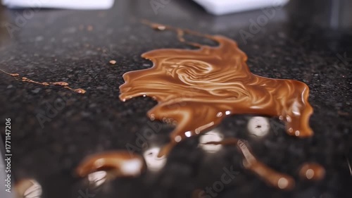 Delicious Spilled Chocolate on a Granite Surface: A Sweet Mess in Macro Detail
