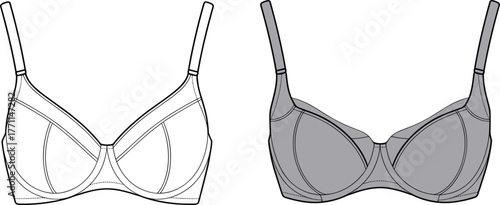 Technical bra illustration, front and back view, lingerie design sketch, underwire support, fashion flat, contour panel drawing, grayscale style