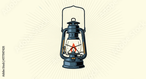 A classic retro style dark blue oil lantern with an illuminated wick, depicted against a creamy background with sunray lines.